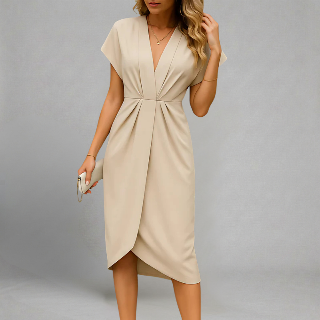 Agnieszka - Midi Sukienka z Głębokim Dekoltem V, Marszczeniem w Talii i Asymetrycznym Krojem