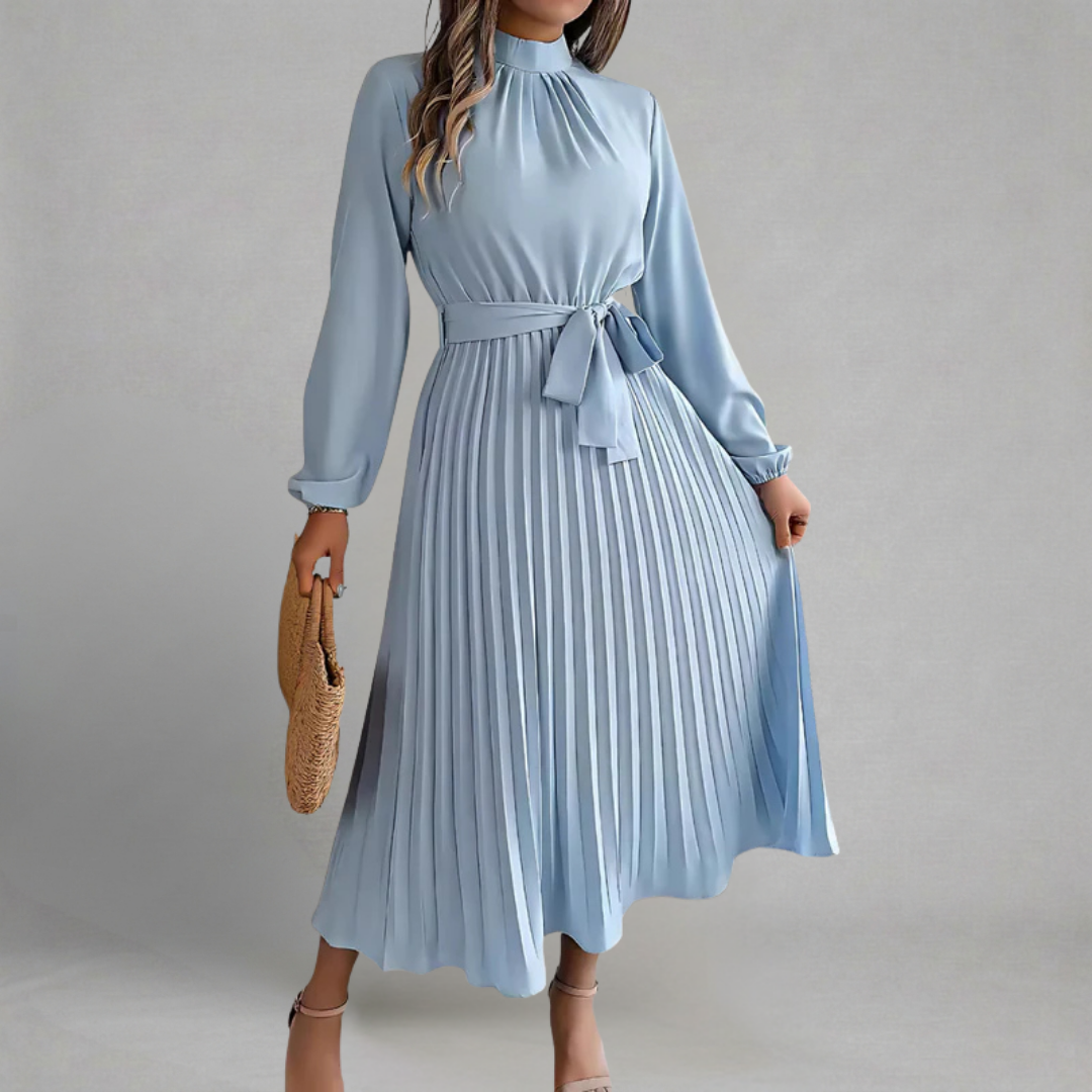 Karolina - Elegancka Midi Sukienka ze Stójką i Paskiem z Kokardą