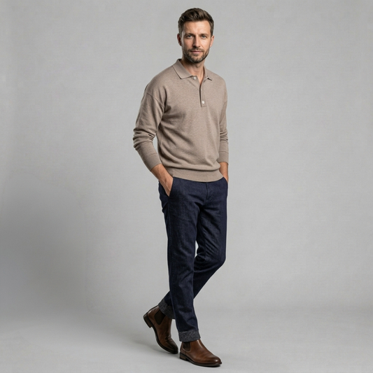 Tavion - Męska dzianinowa koszulka polo z długim rękawem