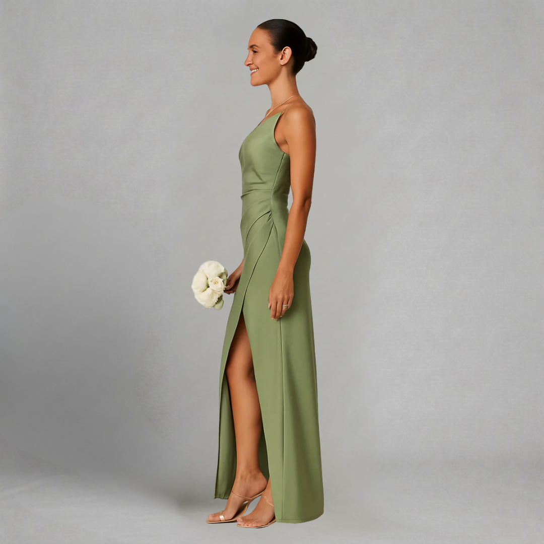 Aleksandra - Maxi Sukienka Wieczorowa z Jednym Ramiączkiem, Драпowaniem i Wysokim Rozcięciem