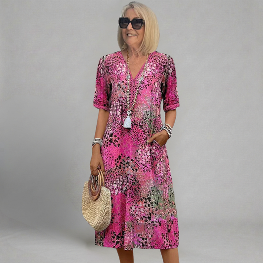 Renata - Sukienka Midi Boho w Abstrakcyjny Wzór z Dekoltem V i Koronkowym Detalem