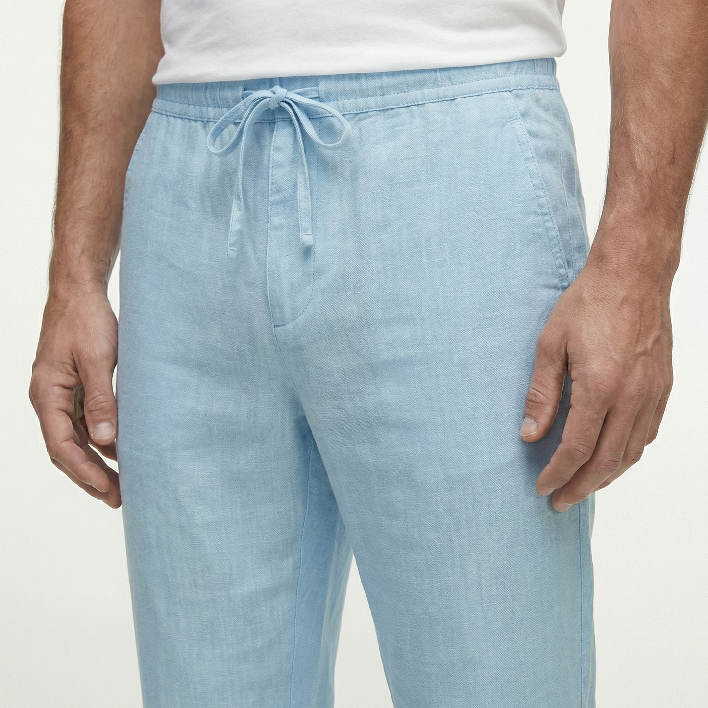 Męskie lniane spodnie ze sznurkiem | Lekkie spodnie na letni, swobodny styl