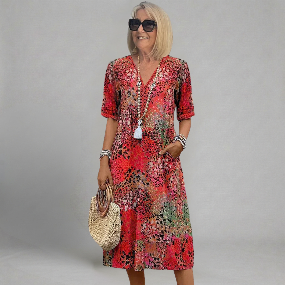 Renata - Sukienka Midi Boho w Abstrakcyjny Wzór z Dekoltem V i Koronkowym Detalem