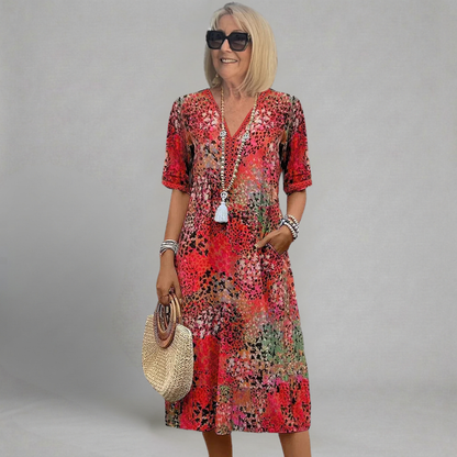 Renata - Sukienka Midi Boho w Abstrakcyjny Wzór z Dekoltem V i Koronkowym Detalem