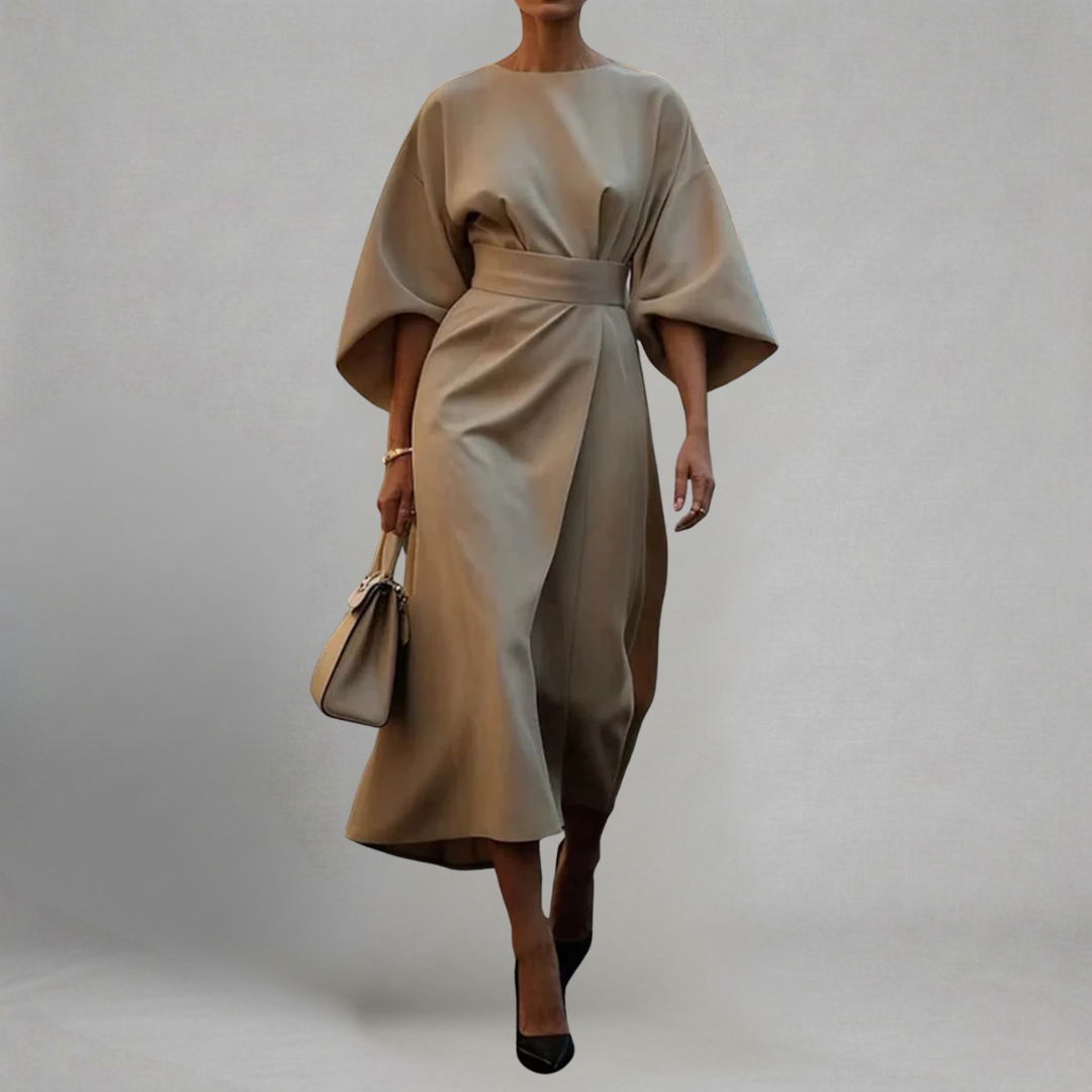 Małgorzata - Elegancka Sukienka Midi z Rękawami Motylkowymi i Paskiem