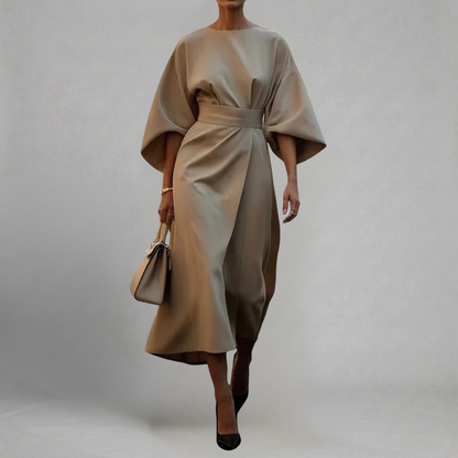 Małgorzata - Elegancka Sukienka Midi z Rękawami Motylkowymi i Paskiem