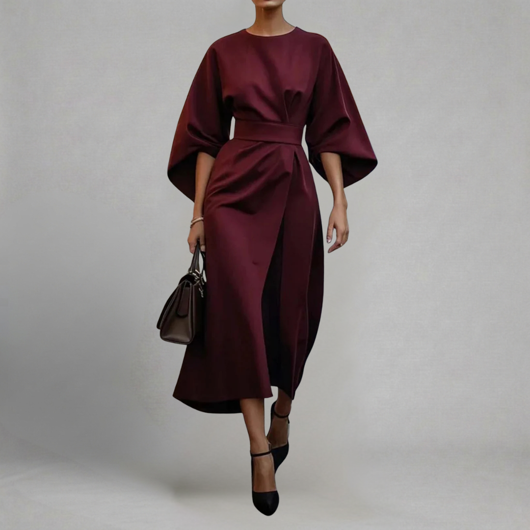 Małgorzata - Elegancka Sukienka Midi z Rękawami Motylkowymi i Paskiem