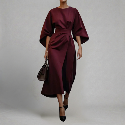 Małgorzata - Elegancka Sukienka Midi z Rękawami Motylkowymi i Paskiem