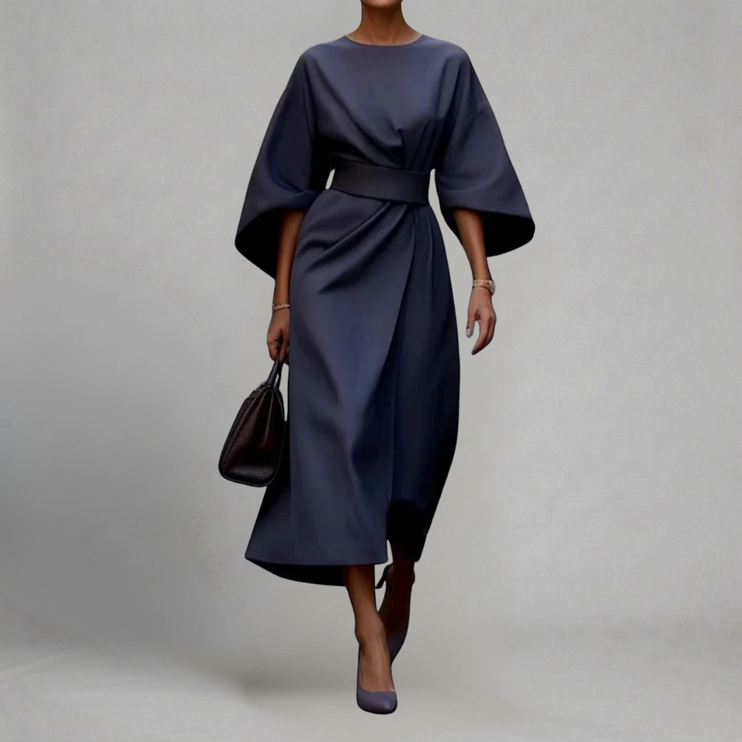 Małgorzata - Elegancka Sukienka Midi z Rękawami Motylkowymi i Paskiem