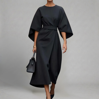 Małgorzata - Elegancka Sukienka Midi z Rękawami Motylkowymi i Paskiem