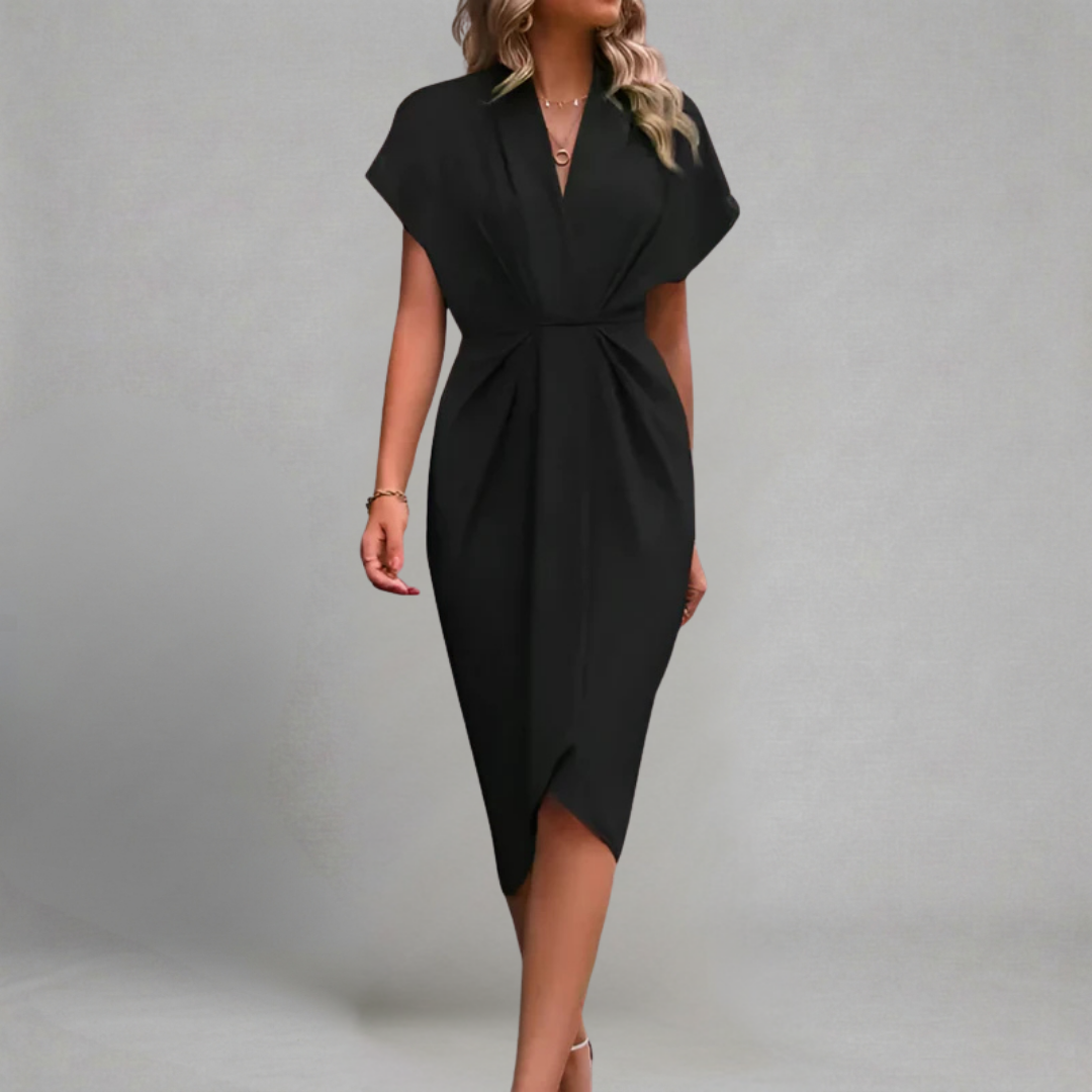 Agnieszka - Midi Sukienka z Głębokim Dekoltem V, Marszczeniem w Talii i Asymetrycznym Krojem