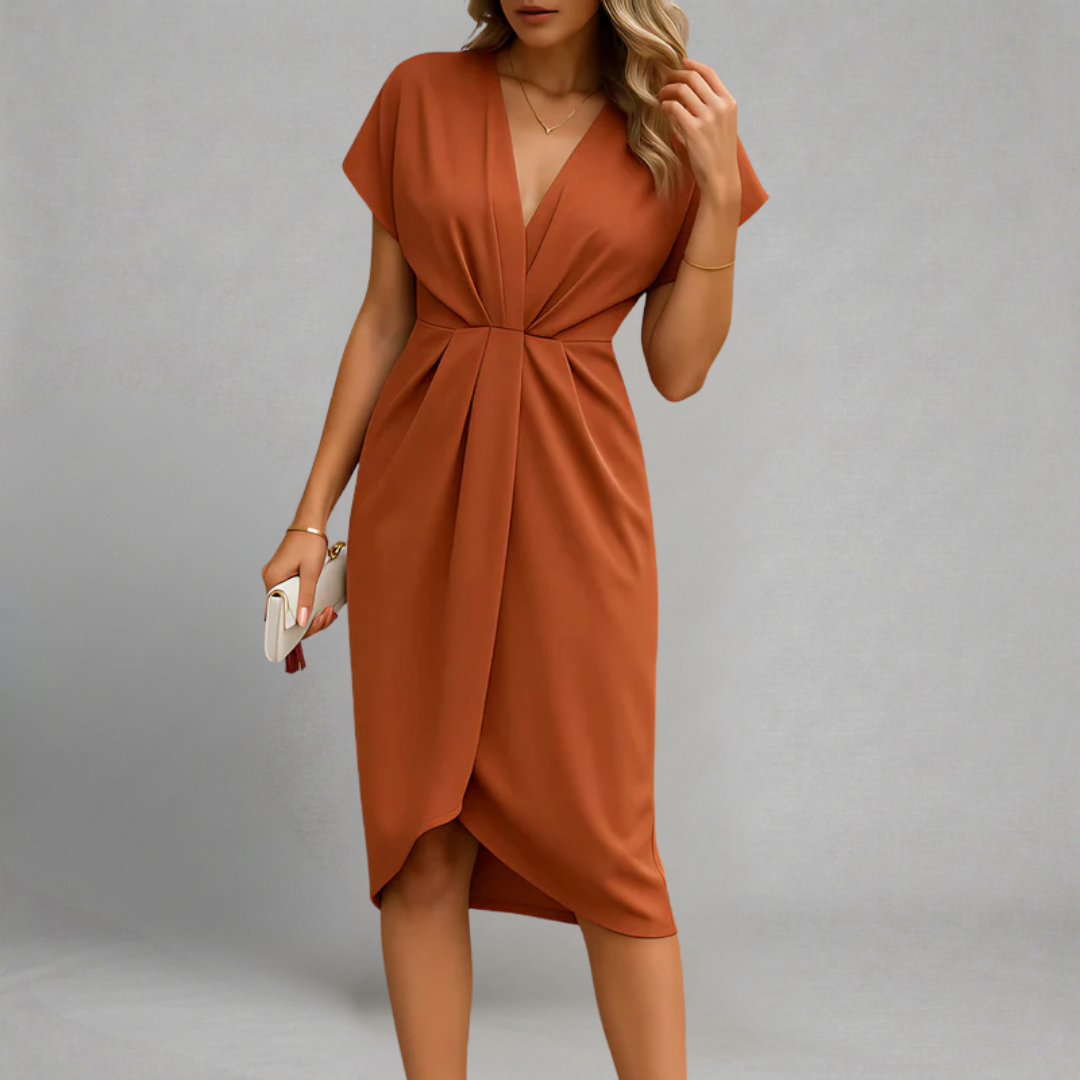 Agnieszka - Midi Sukienka z Głębokim Dekoltem V, Marszczeniem w Talii i Asymetrycznym Krojem