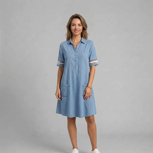 Miłosława - Sukienka jeansowa z guzikami i kieszeniami