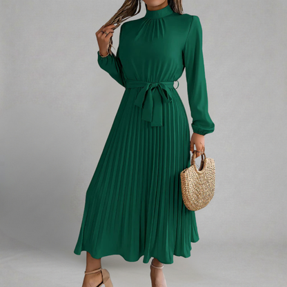 Karolina - Elegancka Midi Sukienka ze Stójką i Paskiem z Kokardą