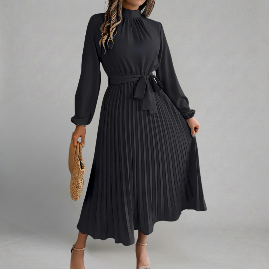 Karolina - Elegancka Midi Sukienka ze Stójką i Paskiem z Kokardą