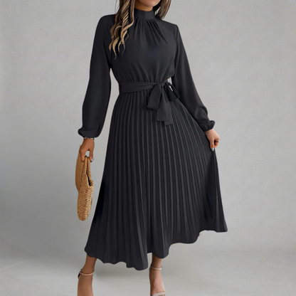 Karolina - Elegancka Midi Sukienka ze Stójką i Paskiem z Kokardą