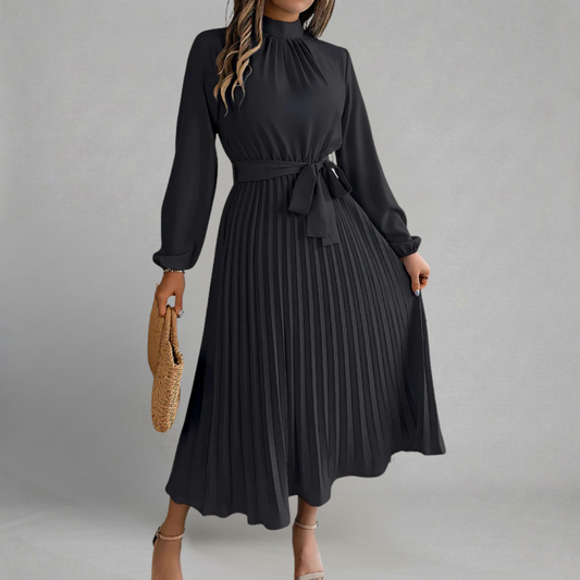 Karolina - Elegancka Midi Sukienka ze Stójką i Paskiem z Kokardą