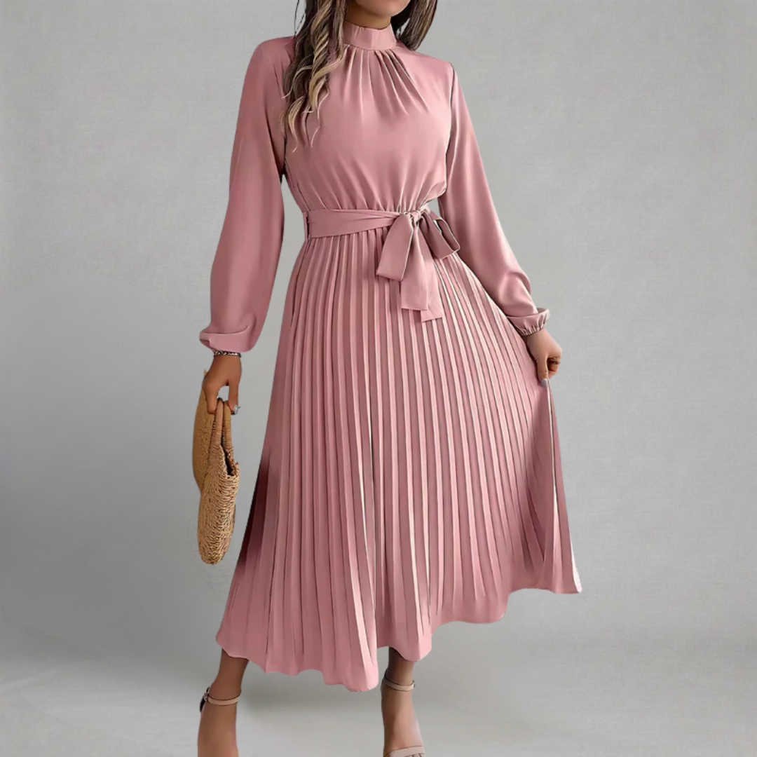 Karolina - Elegancka Midi Sukienka ze Stójką i Paskiem z Kokardą