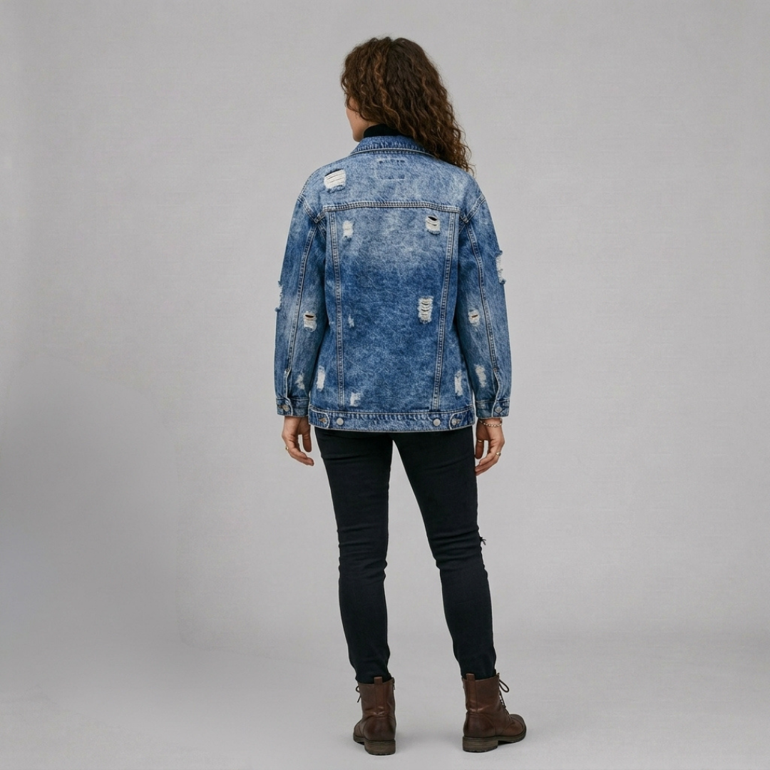 Lynessa - Oversize’owa damska kurtka jeansowa z przetarciami