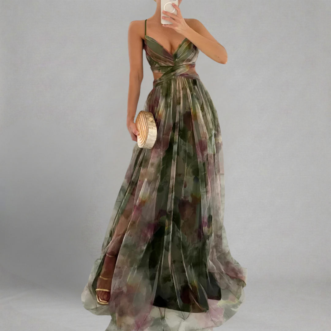 Iwona - Tiulowa Maxi Suknia Balowa w Kwiaty z Krzyżowaną Górą