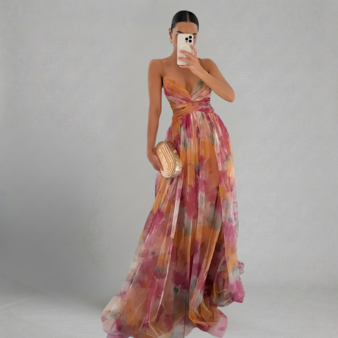 Iwona - Tiulowa Maxi Suknia Balowa w Kwiaty z Krzyżowaną Górą