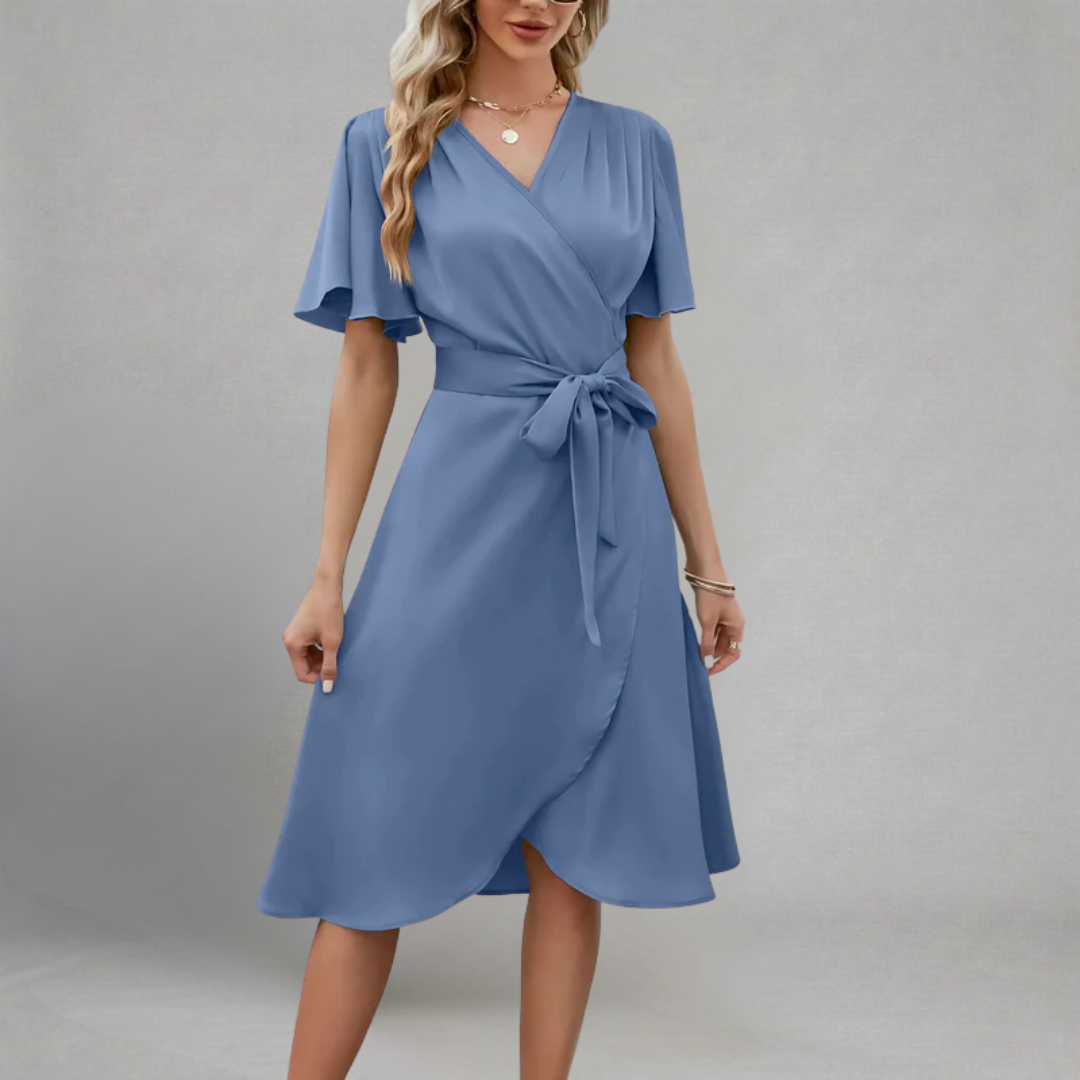 Renata - Midi Sukienka Kopertowa z Dekoltem V, Rękawami Motylek i Paskiem