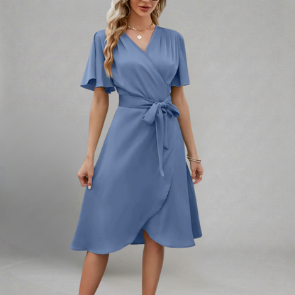 Renata - Midi Sukienka Kopertowa z Dekoltem V, Rękawami Motylek i Paskiem