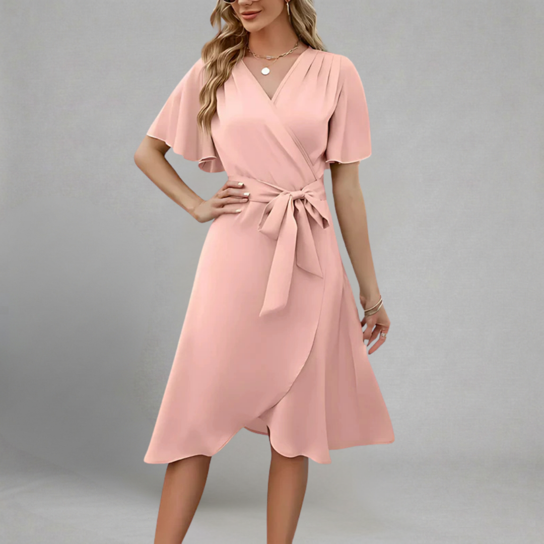 Renata - Midi Sukienka Kopertowa z Dekoltem V, Rękawami Motylek i Paskiem