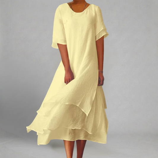 Agnieszka - Warstwowa Lniana Sukienka Midi z Okrągłym Dekoltem i Krótkim Rękawem