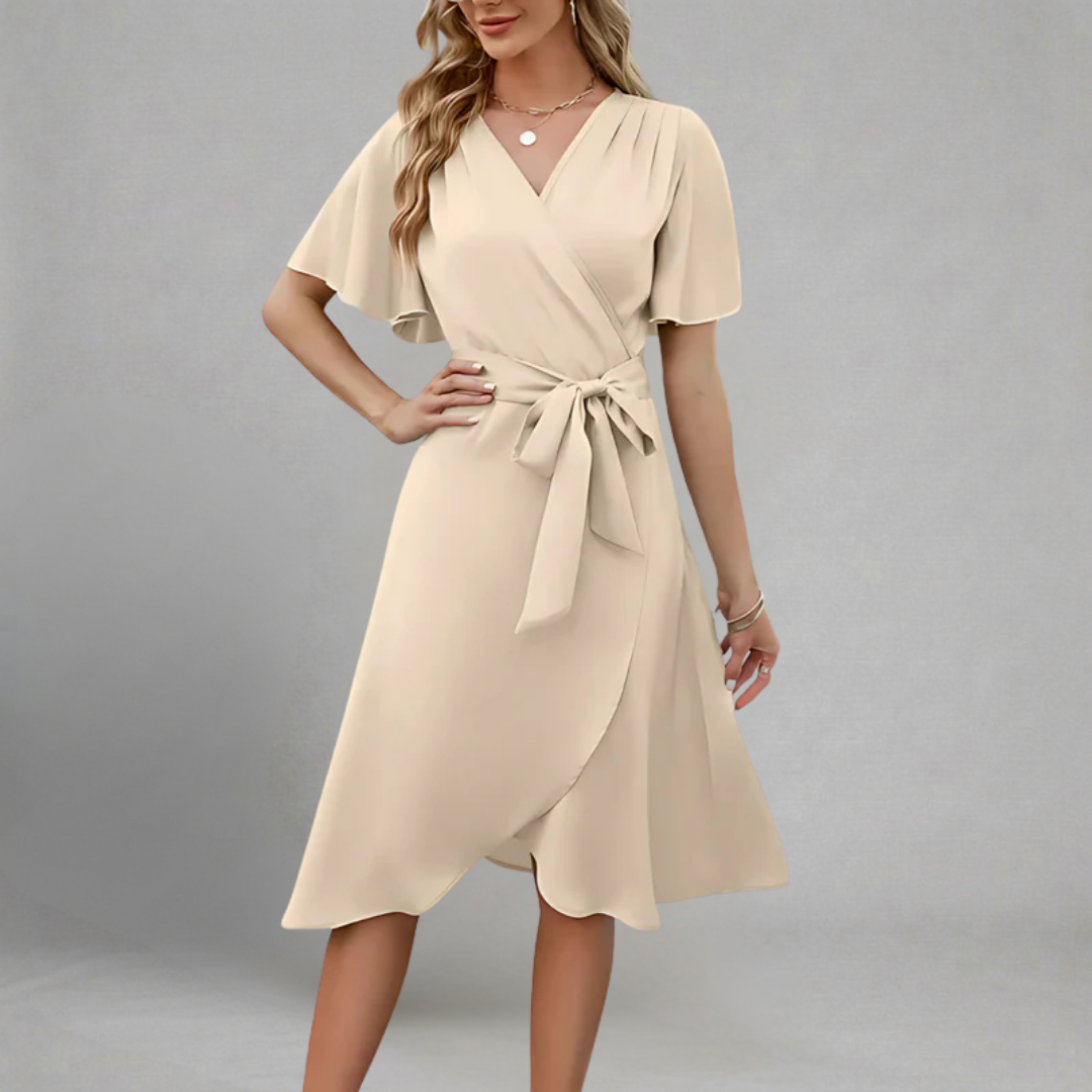 Renata - Midi Sukienka Kopertowa z Dekoltem V, Rękawami Motylek i Paskiem