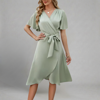 Renata - Midi Sukienka Kopertowa z Dekoltem V, Rękawami Motylek i Paskiem