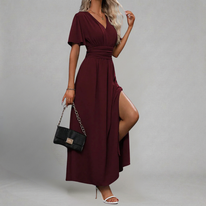 Helena - Maxi Sukienka Wieczorowa z Dekoltem V, Rękawami Motylek i Wysokim Rozcięciem