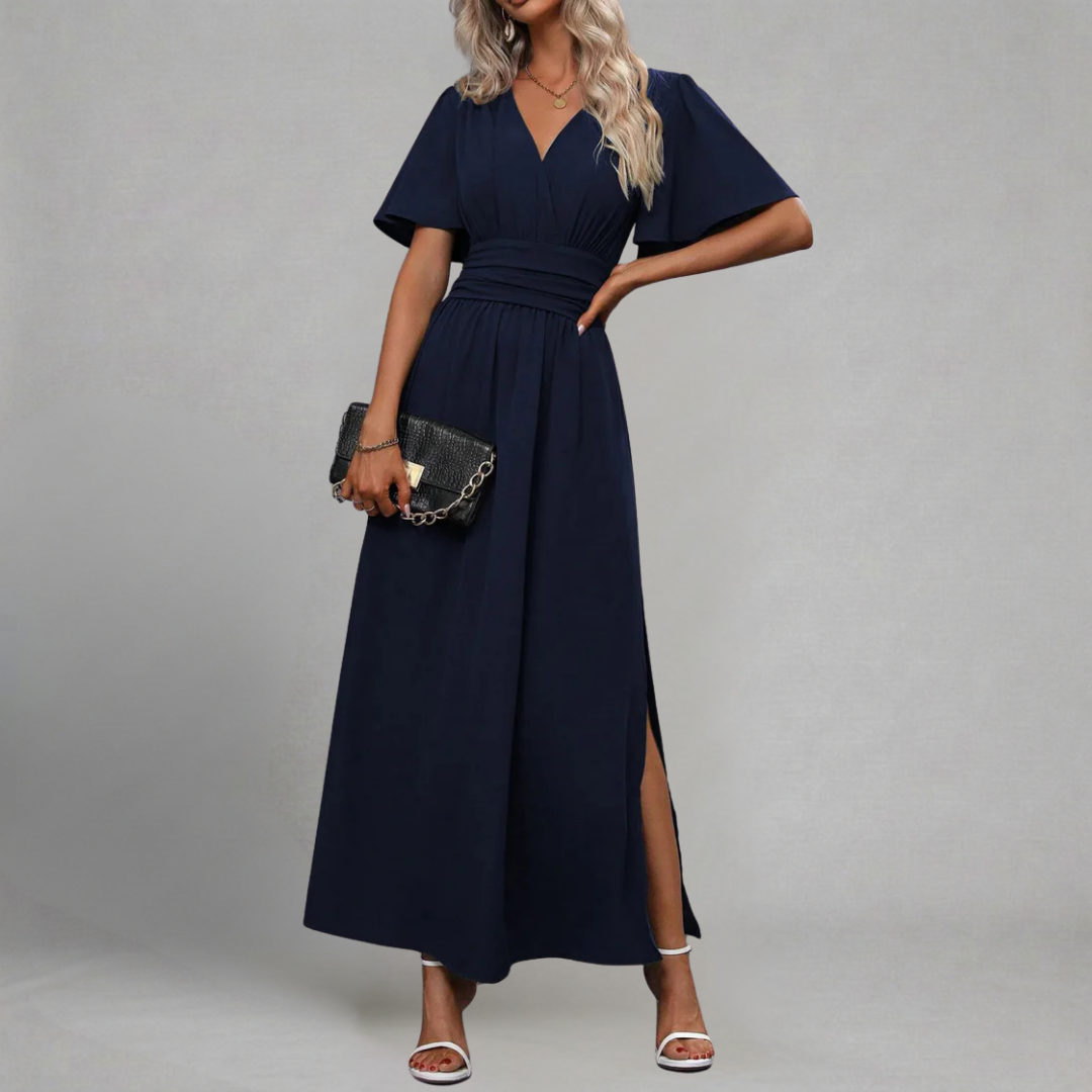 Helena - Maxi Sukienka Wieczorowa z Dekoltem V, Rękawami Motylek i Wysokim Rozcięciem