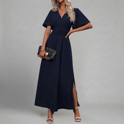 Helena - Maxi Sukienka Wieczorowa z Dekoltem V, Rękawami Motylek i Wysokim Rozcięciem