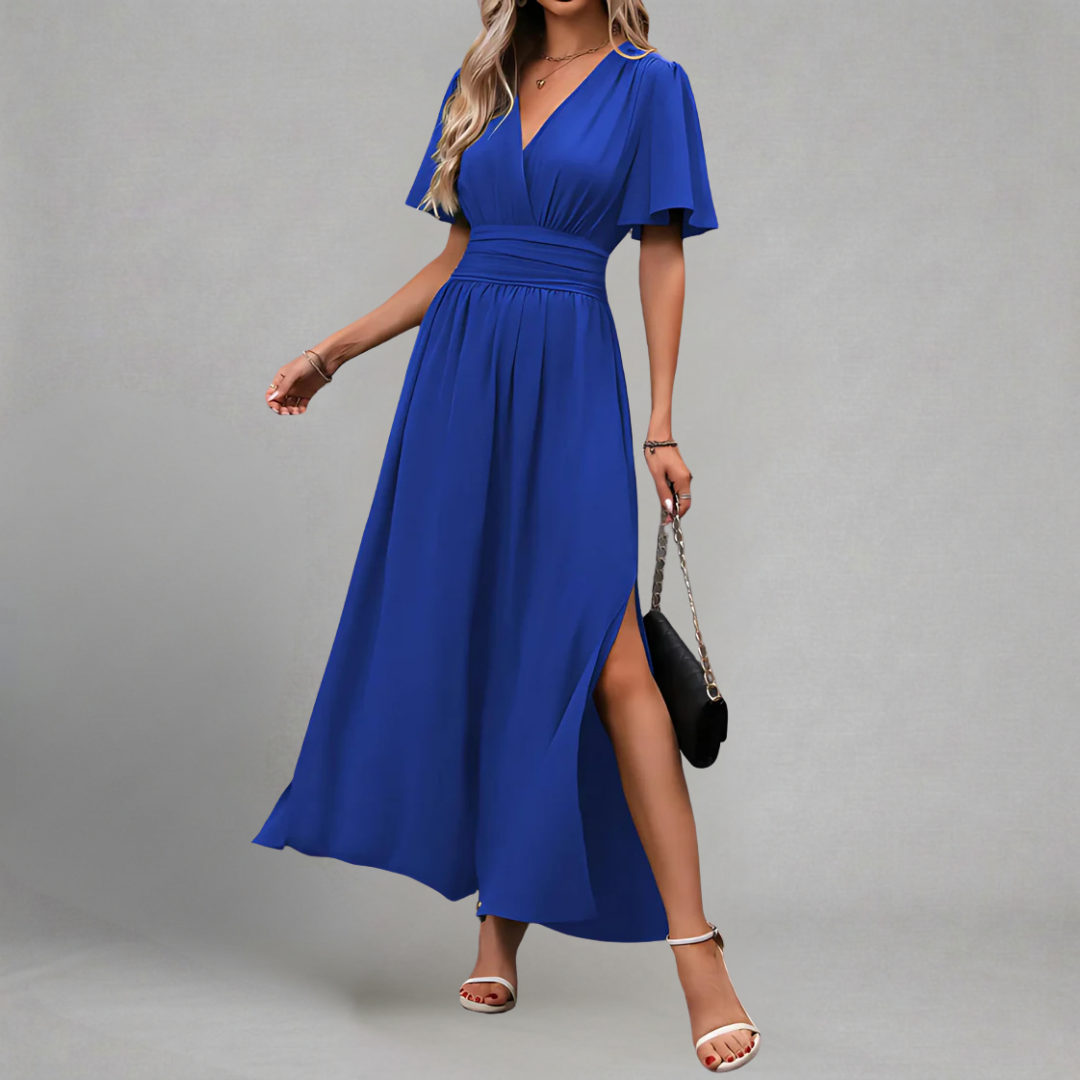 Helena - Maxi Sukienka Wieczorowa z Dekoltem V, Rękawami Motylek i Wysokim Rozcięciem