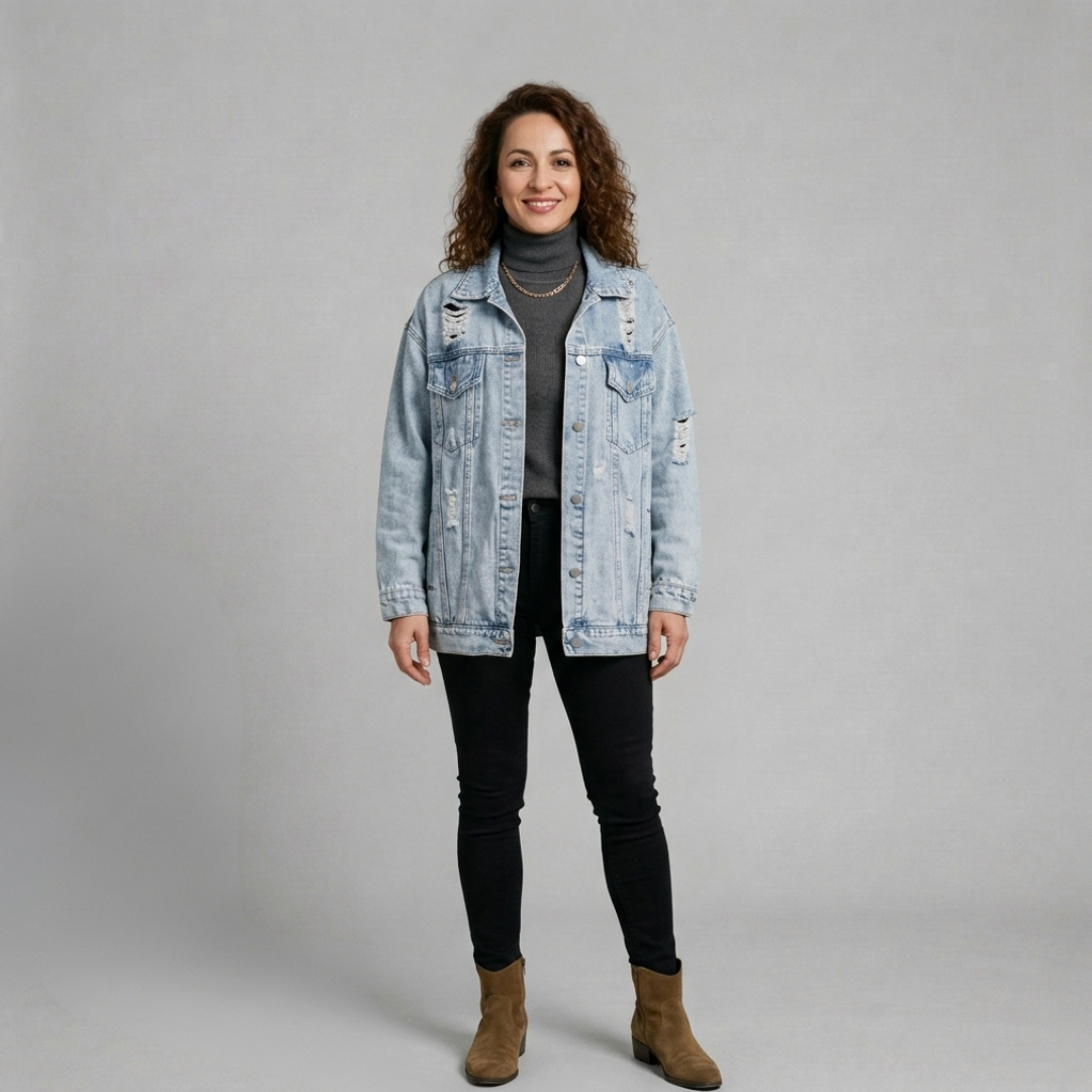 Lynessa - Oversize’owa damska kurtka jeansowa z przetarciami