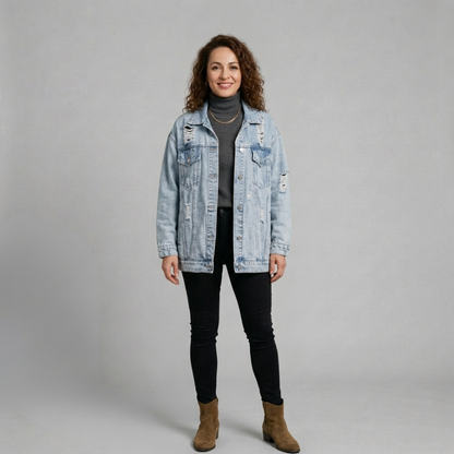Lynessa - Oversize’owa damska kurtka jeansowa z przetarciami