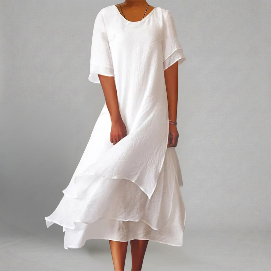 Agnieszka - Warstwowa Lniana Sukienka Midi z Okrągłym Dekoltem i Krótkim Rękawem