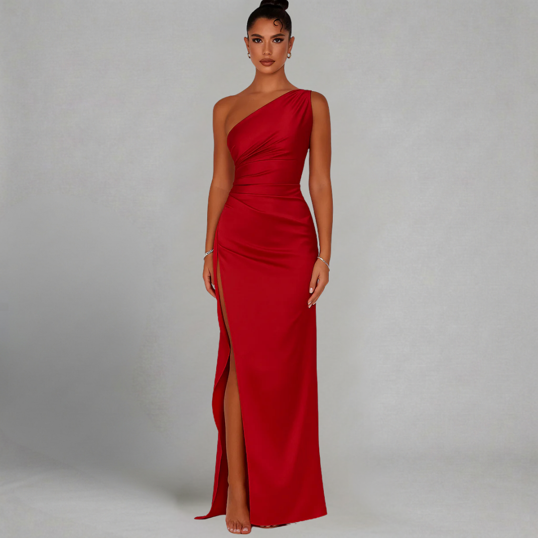 Aleksandra - Maxi Sukienka Wieczorowa z Jednym Ramiączkiem, Драпowaniem i Wysokim Rozcięciem