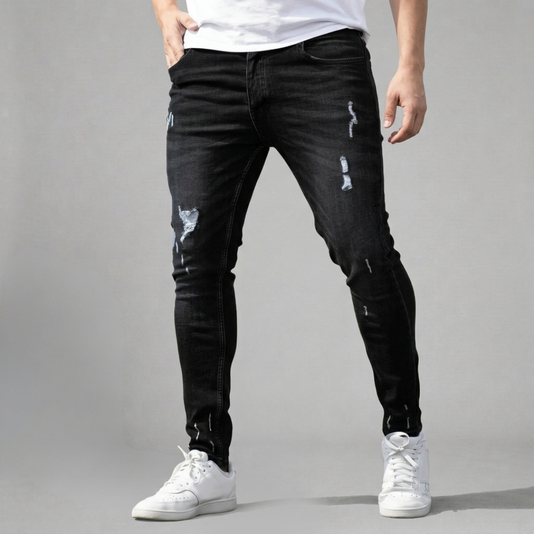 Tymon - Męskie obcisłe jeansy z przetarciami