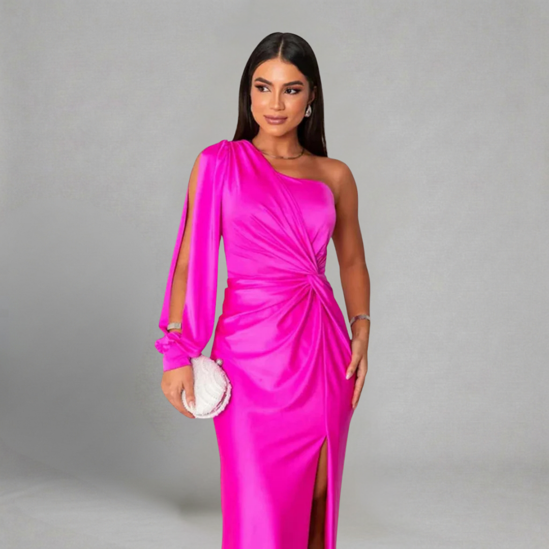 Barbara - Satynowa Maxi Suknia Balowa z Jednym Ramiączkiem i Skręconą Talią