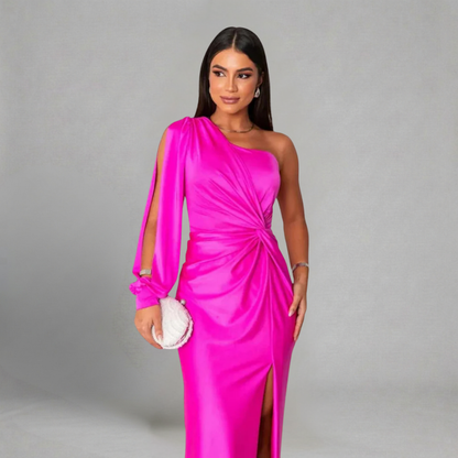 Barbara - Satynowa Maxi Suknia Balowa z Jednym Ramiączkiem i Skręconą Talią