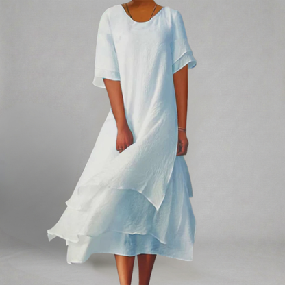 Agnieszka - Warstwowa Lniana Sukienka Midi z Okrągłym Dekoltem i Krótkim Rękawem