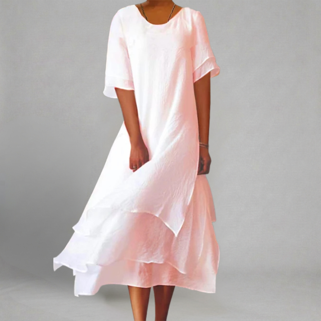 Agnieszka - Warstwowa Lniana Sukienka Midi z Okrągłym Dekoltem i Krótkim Rękawem