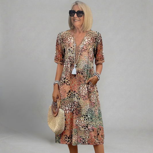 Renata - Sukienka Midi Boho w Abstrakcyjny Wzór z Dekoltem V i Koronkowym Detalem