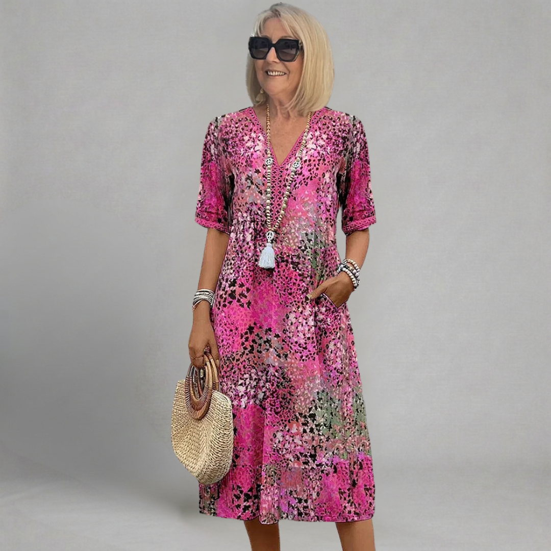 Renata - Sukienka Midi Boho w Abstrakcyjny Wzór z Dekoltem V i Koronkowym Detalem