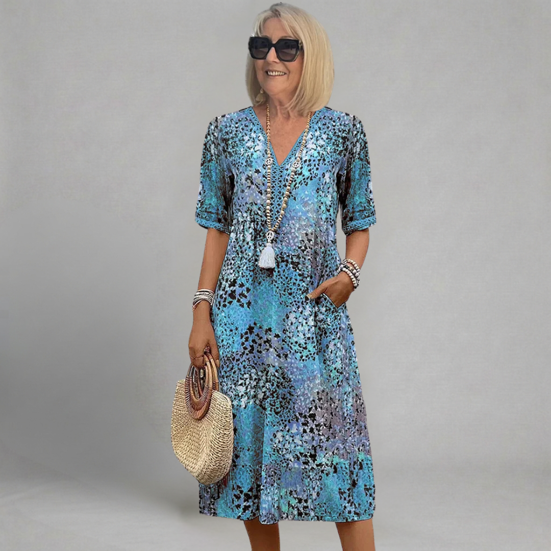 Renata - Sukienka Midi Boho w Abstrakcyjny Wzór z Dekoltem V i Koronkowym Detalem