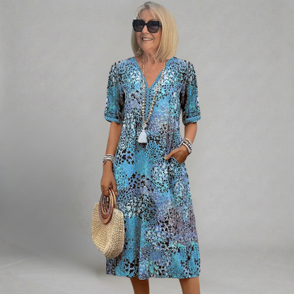 Renata - Sukienka Midi Boho w Abstrakcyjny Wzór z Dekoltem V i Koronkowym Detalem