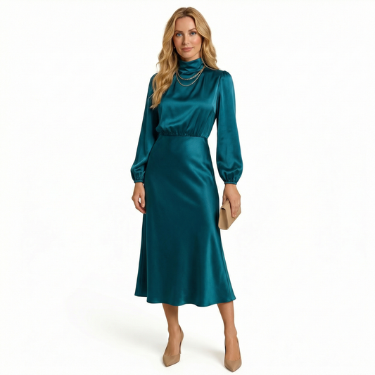 Luksusowa Satynowa Sukienka Midi z Wysokim Kołnierzem | Elegancka Sukienka Wieczorowa