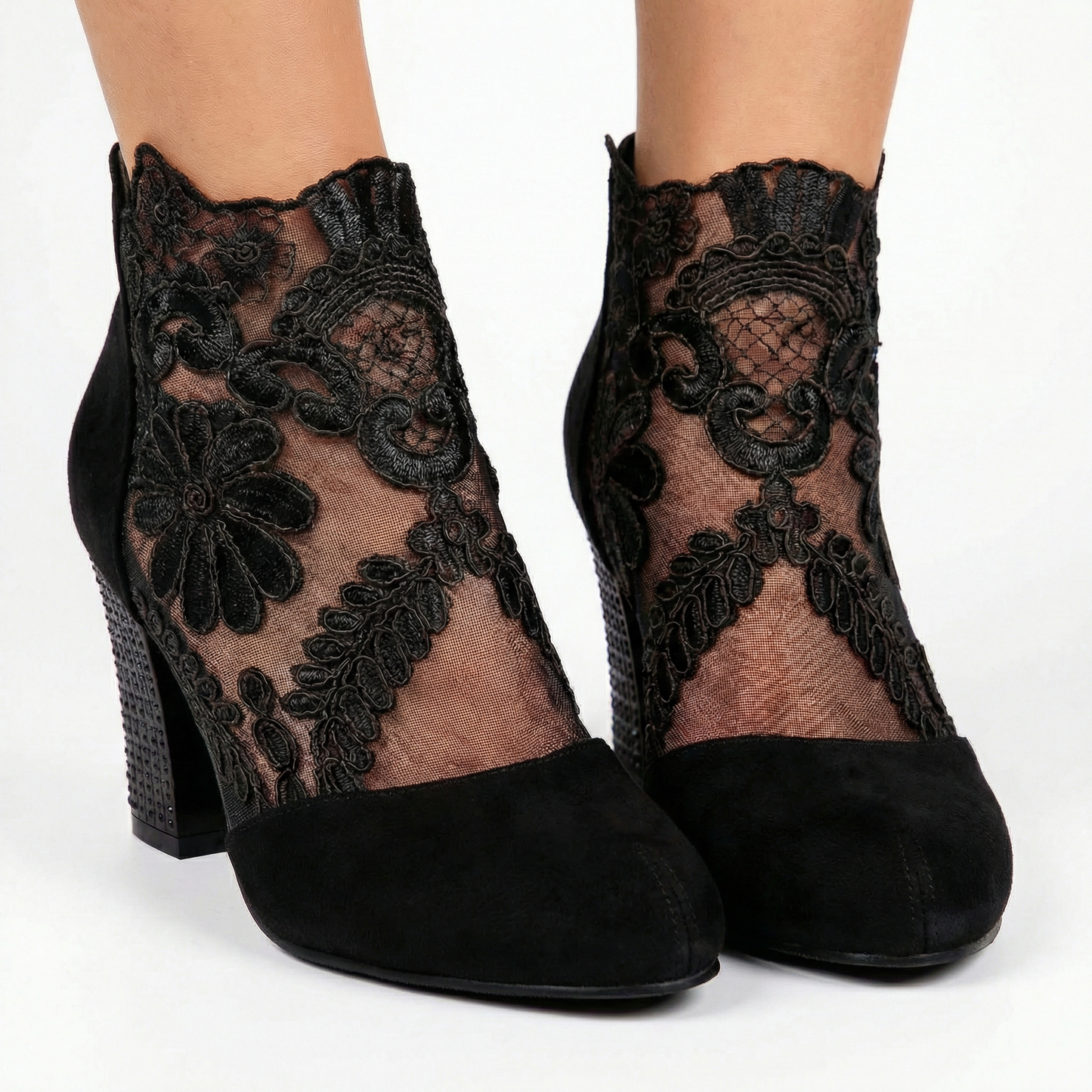 Luksusowe Koronkowe Botki na Obcasie z Haftem Kwiatowym | Eleganckie Damskie Buty